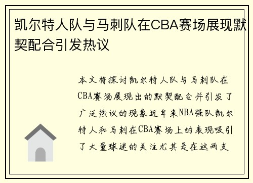 凯尔特人队与马刺队在CBA赛场展现默契配合引发热议
