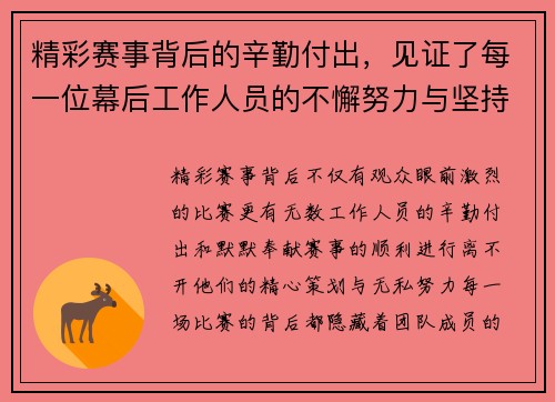 精彩赛事背后的辛勤付出，见证了每一位幕后工作人员的不懈努力与坚持
